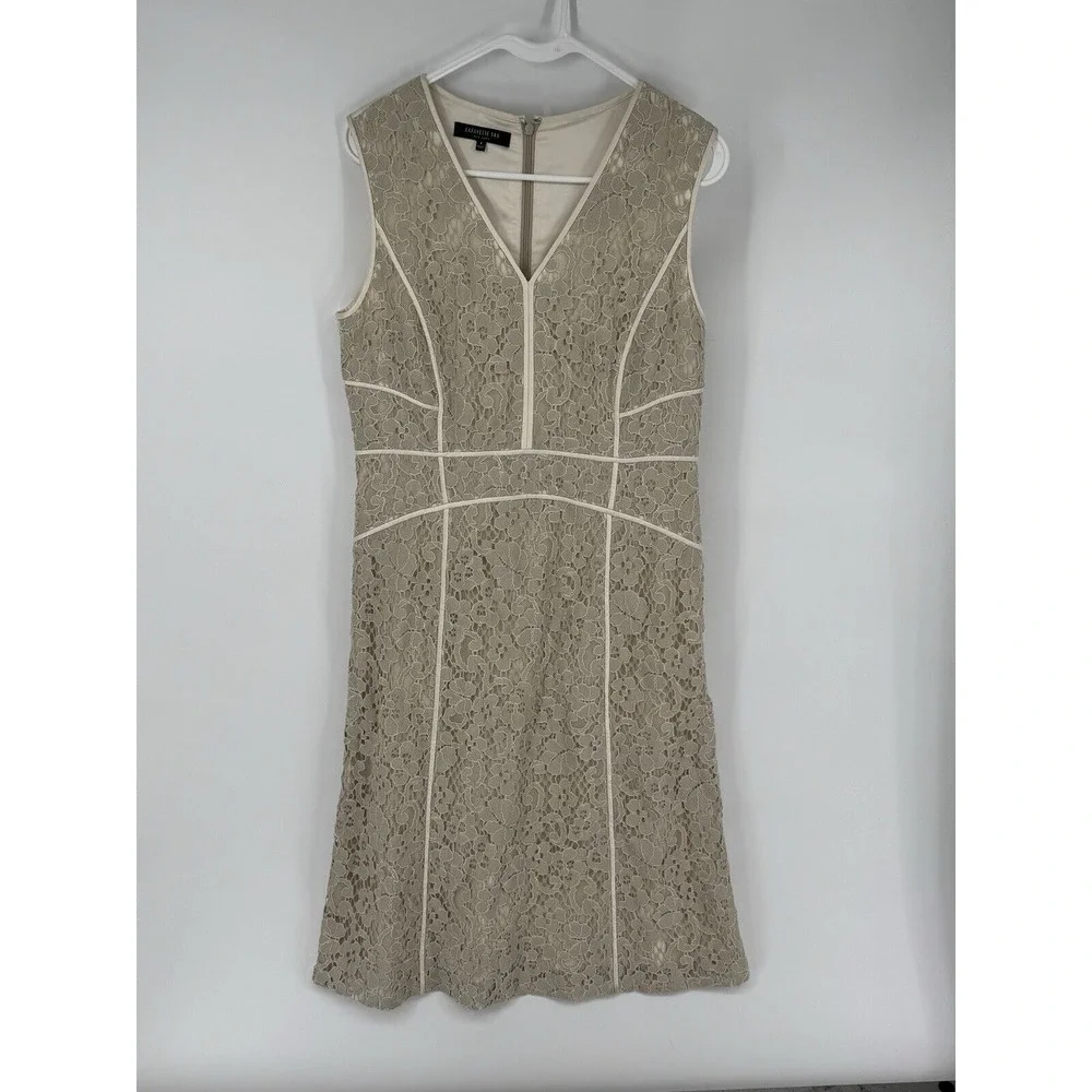 Lafayette 148 New York Women's Sleeveless V Neck Lace Overlay Dress 6 Bone Cream - Picture 2 of 8
